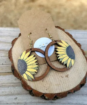 Sunflower Wooden Hoop Dangle Earrings Boho Floral Lightweight Handmade thumbnail 1