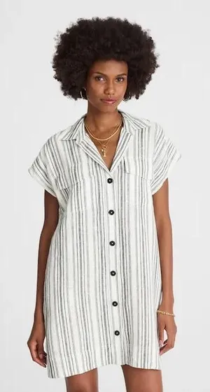 Madewell Utility Mini Shirtdress striped linen fabric and a button-front Large thumbnail 1