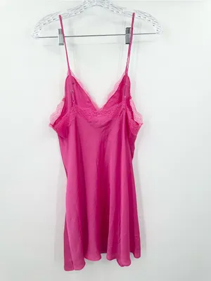 Victoria's Secret Women's Hot Pink Satin Mini Slip Dress‎ Lace Size Large thumbnail 2