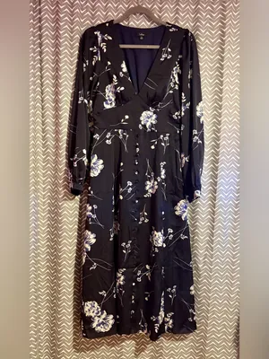 Lulus | Beautiful Details Navy Blue Floral Long Sleeve Midi Dress, M thumbnail 4