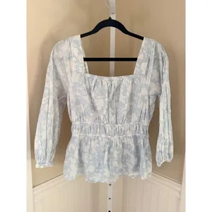 Free Assembly Floral Peplum Top Square Neck Smocked Waist Blue White Small thumbnail 3
