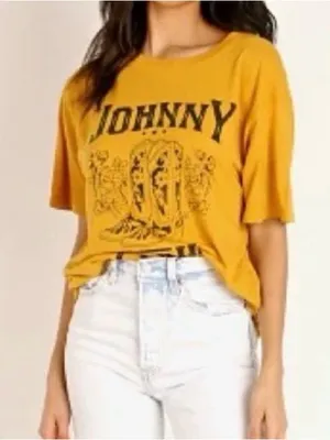 Daydreamer Mustard Johnny Cash Coastal Cowgirl Boho Preppy Slouchy Graphic Tee S thumbnail 2