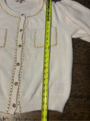 Nanette Lepore Cream Fuzzy Cardigan Sweater Gold Chain Trim‎ Tweed Vibez XL⁠ thumbnail 9