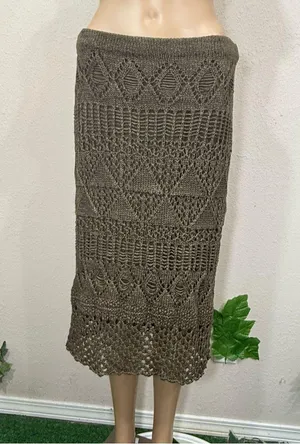 Olive Crochet Fringe Skirt Tan Size L thumbnail 3