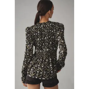 Anthropologie Ruched-Sleeve V-Neck Top S Romantic Floral Botanical‎ Cottagecore thumbnail 2