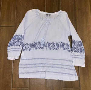 Tommy Bahama Tunic Top Size L Blue Embroidered Boho Gauze Peasant Blouse thumbnail 1