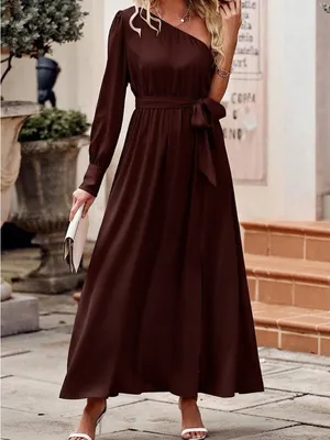 $60 NWOT KIRUNDO Women's Satin Long Sleeve One Shoulder Maxi Dress M thumbnail 3