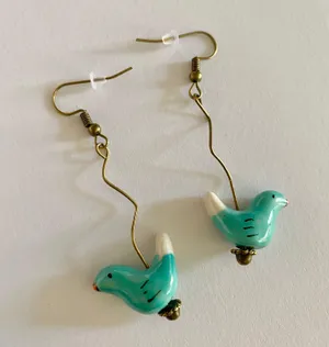 Handmade ceramic bird beads dangle earrings💙🕊💚 thumbnail 1