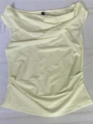 HM Divided Small White Draped Asymmetric Top Sleeveless Cowl Neck Ruched Blouse thumbnail 13
