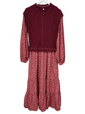 By Anthropologie Layered Burgundy Sweater Dress Size Large Womens thumbnail 2