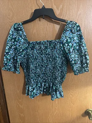 J.Crew Cotton Poplin Smocked Blue Green Floral Top Puff Sleeve Ruffle Hem Medium thumbnail 7