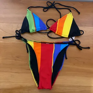 Victorias Secret Rainbow Colorblock Triangle Bikini Set Small High Leg String thumbnail 1
