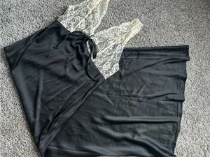 Black Satin Maxi Dress with Cream Lace Bodice thumbnail 1