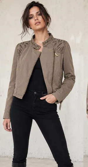 Free People Moto Jacket Women 4 Brown Olive Eyelet Embroidered Linen Cotton thumbnail 1