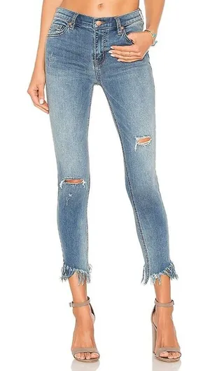 Free People 25 Skinny Jeans Light Acid Wash Fringe Hem Distressed OB661483 Boho thumbnail 1