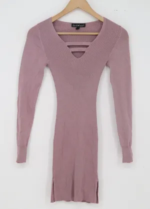 Derek Heart Dress Womens S Ribbed Knit Bodycon Mauve Strappy V-Neck Excellent thumbnail 1