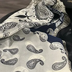100 % silk Paisley Scarf in Navy & Cream thumbnail 1