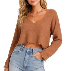 Free People Womens Cropped‎ Boho Wool Blend Knit Sweater S Fringe Hem V Neck thumbnail 1