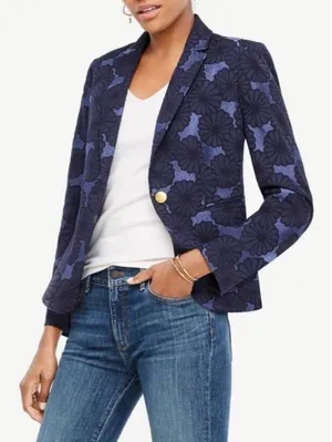 Ann Taylor The Newbury Blazer Navy Floral Jacquard Gold Button Jacket Sz 4 thumbnail 1