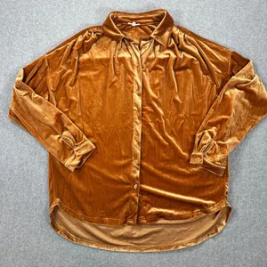 Jodifl Velvet Gathered Shoulder Blouse Women's Medium Golden Brown Button Front thumbnail 1