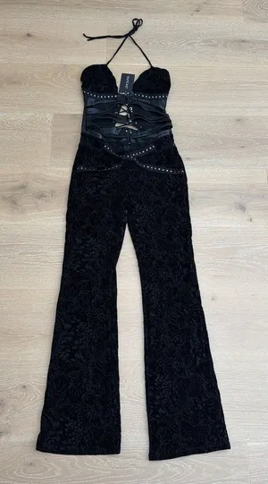 Outcast Jumpsuit Lace Cutout Halter Macy Size L Black thumbnail 1
