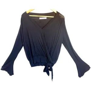 Abercrombie & Fitch Black Knit Tie V-Neck Long Sleeve Wrap Crop Top Blouse Sz S thumbnail 2