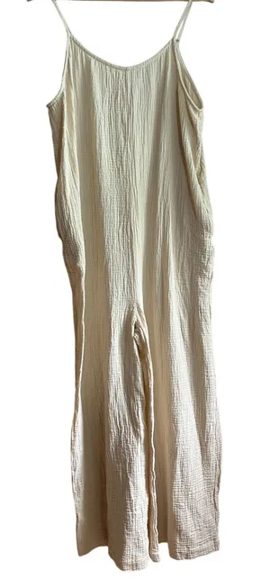 Hunter & Browa‎ yellow muslin spaghetti strap wide leg jumpsuit women's size L thumbnail 1