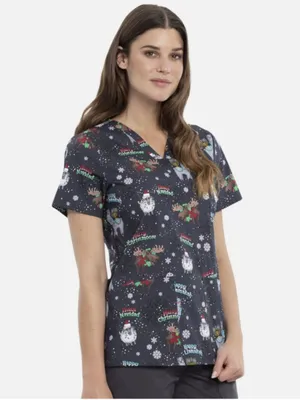 Cherokee Women's Sz Large Merry Whatever Scrub Top Gray V-Neck Holiday Christmas thumbnail 4