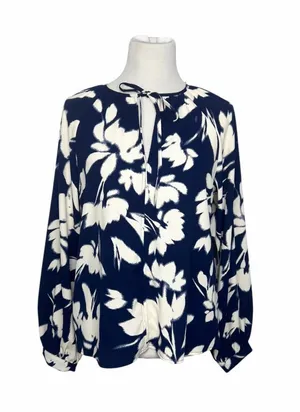 NEW Worthington Floral Long Sleeve Blouse Navy Cream Size Medium thumbnail 1