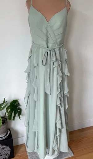 Azazie PEYTON Dusty Sage Green Flowy Ruched Chiffon Bridesmaid Dress Gown EUC A8 thumbnail 1