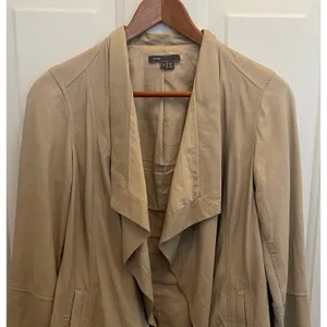 Vince Tan Beige Draped Open Front Leather Jacket‎ Ribbed Knit Sleeve Womens S thumbnail 1