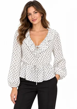 Women’s Blouse 2XL Plus White Waist-Defined Clip-Dot Shirt V-Neck Top thumbnail 1