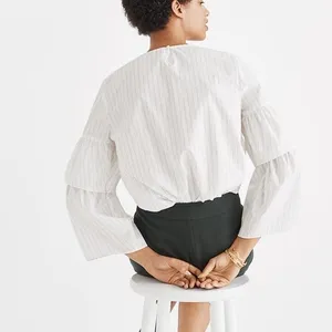 Madewell Tiered‎ Ruffled Flare Accent Sleeves White Grey Striped Blouse - XS thumbnail 2