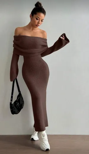 MOOSTA Elegant Charming Foldover Chocolate Brown sweater dress thumbnail 1