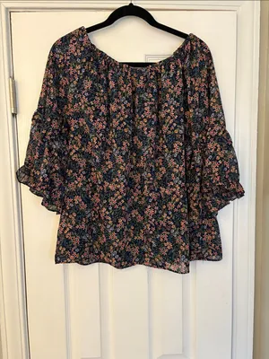 1.STATE Floral Off-Shoulder Ruffle Sleeve Blouse Navy Blue Pink Size L Cottage thumbnail 4