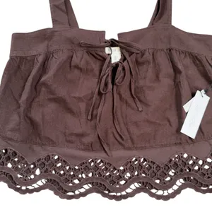 Rachel Zoe Women's Brown Cropped Eyelet Boho Hippie‎ Peasant Tank Top Size Large thumbnail 2