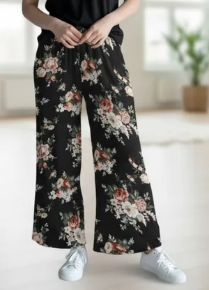 Copper Key Black Floral Wide Leg Pants Boho Palazzo High Waist Lounge VTG‎ Small thumbnail 1