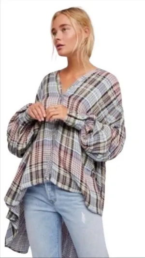 Free People Come On Over Plaid Top Oversized High Low Button‎ Front Blouse Small thumbnail 1