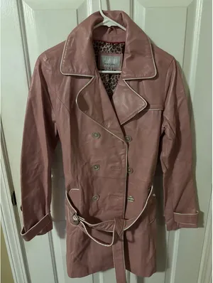 Wilsons Leather Maxima Womens Pink Leather Trench‎ Coat Belted Leopard Lining S thumbnail 1