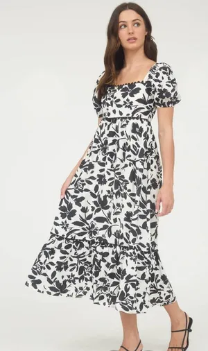 Perch black white floral print puff sleeve tiered flowy maxi dress summer 1X thumbnail 1