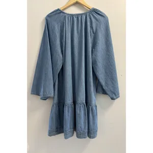 LOFT Women L Denim Chambray Tie Neck Wide Sleeve Tiered Drop Waist Dress Cotton thumbnail 3