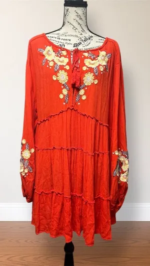 Free People Red Embroidered Long Sleeve Mini Dress Tiered Gauzy Boho Cottagecore thumbnail 1