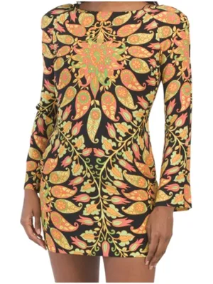 Zara Womens XS Mini Bodycon Floral Paisley Dress Bell Sleeve Cutout Multicolor‎ thumbnail 1