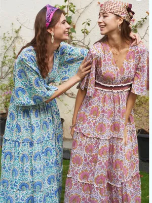 Sohana block print maxi dress cotton Zoey floral smocked tiered ruffle boho thumbnail 3