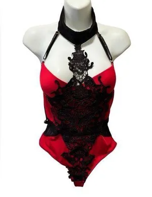 Frederick’s of Hollywood Dominatrix Red Black High Neck Thong Bodysuit Sz L thumbnail 1