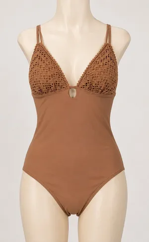 Shade & Shore‎ Women Brown Crochet High Leg Cheeky One Piece Swimsuit Large NEW thumbnail 1