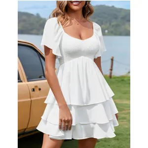 NEW Florboom Women’s Sweetheart Neckline Dress Smocked Tiered Skirt White size L thumbnail 2