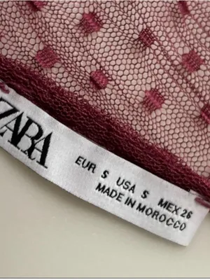 ZARA Burgundy Swiss Dot Mesh Midi Dress Small Sheer V-Neck Ruffle thumbnail 5