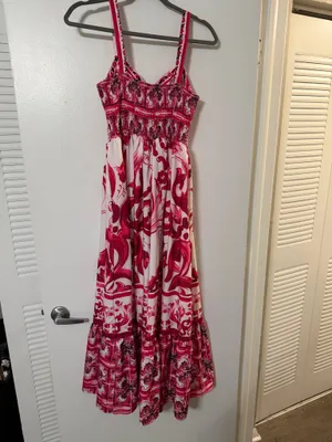 Red and white floral and paisley print maxi dress with ruffle hem thumbnail 4