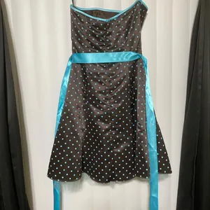 Jessica McLinton for Gunne Sax strapless brown with blue polkadox fit & flare dr thumbnail 4